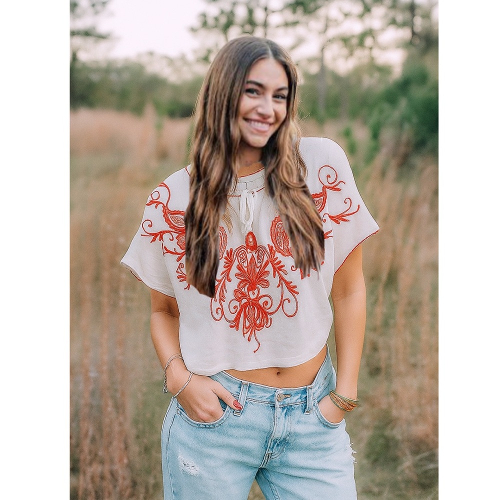 F21 Embroidered White and Red Top